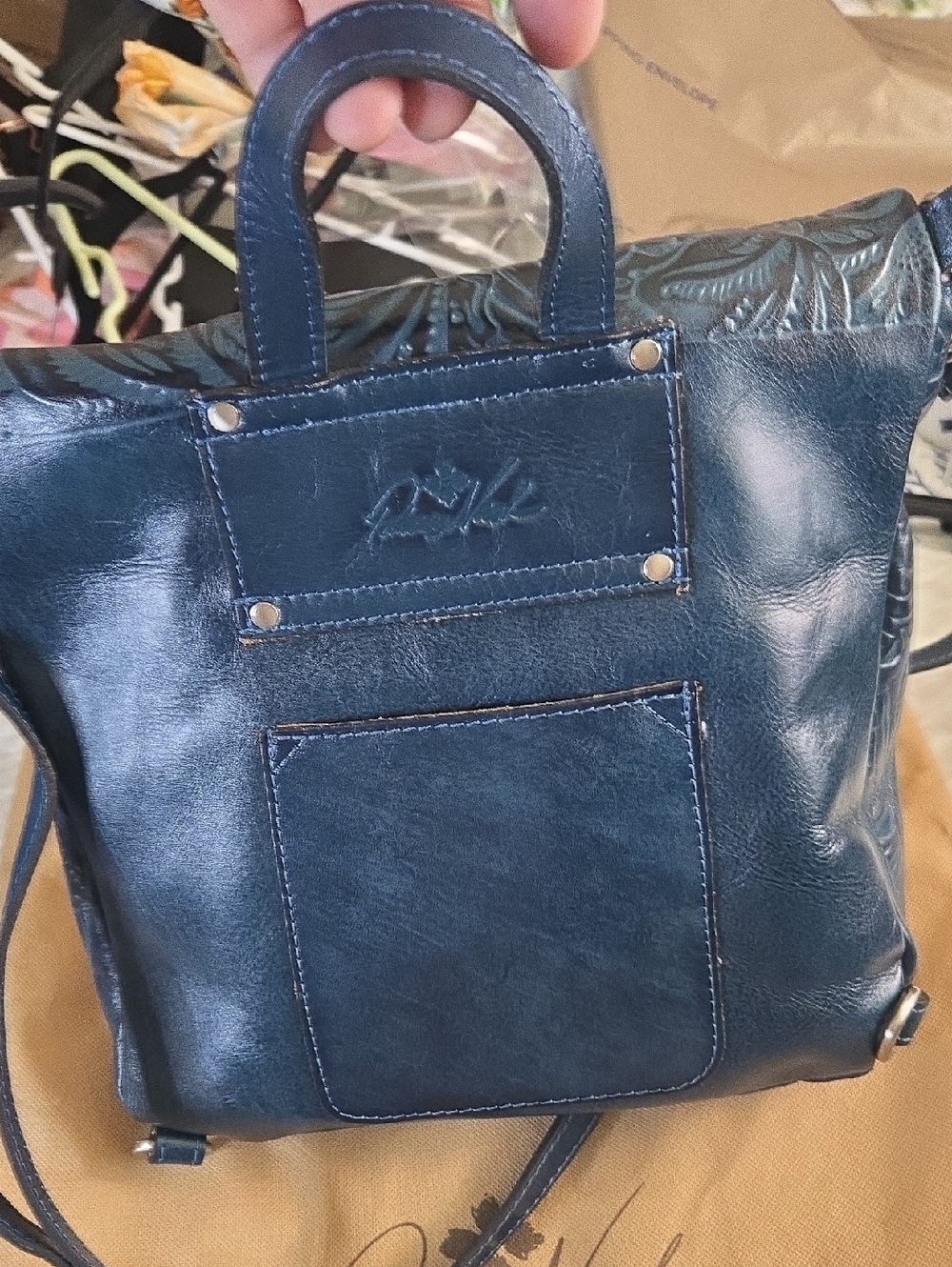 Patricia Nash Navy Embossed Leather Crossbody with Tan Tassel - Picture 3 of 14